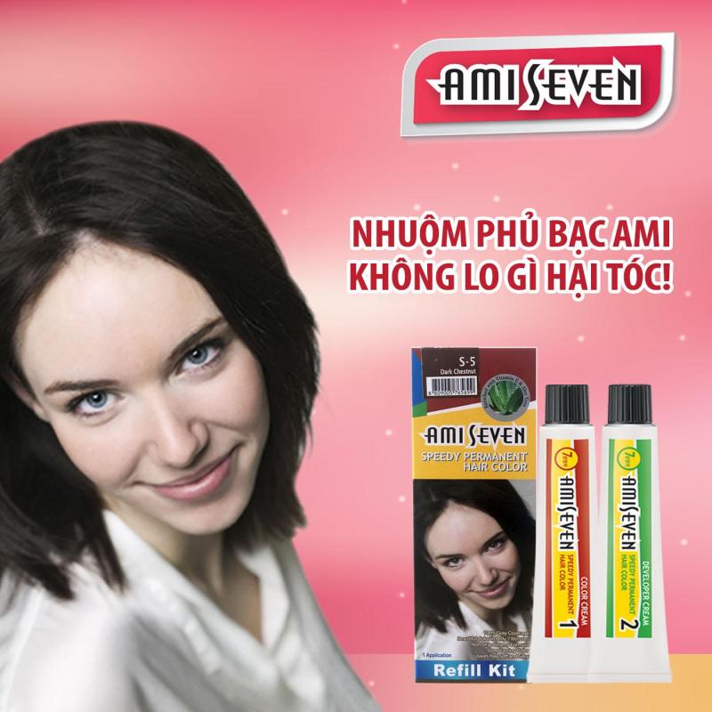 Nhuộm phủ bạc dược thảo Ami Seven Speedy Permanent Hair Color  (60g/60g) nhanh 7 phút - Hàn Quốc - loại tiết kiệm- Màu S5- Hạt dẻ đậm cao cấp