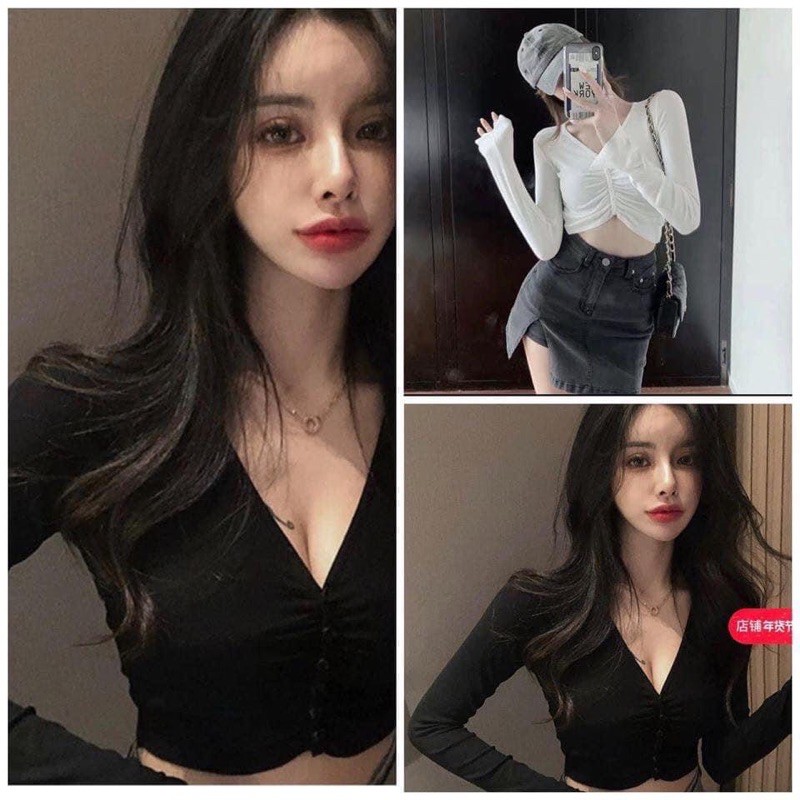 Áo kiểu croptop tay dài chít ngực