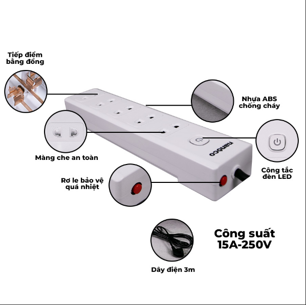 Ổ Cắm Có Dây Nanoco NES5215-3 15A - 250V 3750W