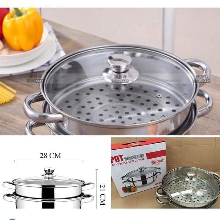 Nồi hấp inox 2 tầng size 28 cm nắp kính