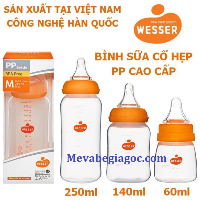 (MẪU MỚI) Bình Sữa Cổ Hẹp PP Kháng Khuẩn WESSER (60ML - 140ML - 250ML) - Made in Vietnam (Công nghệ Hàn Quốc)