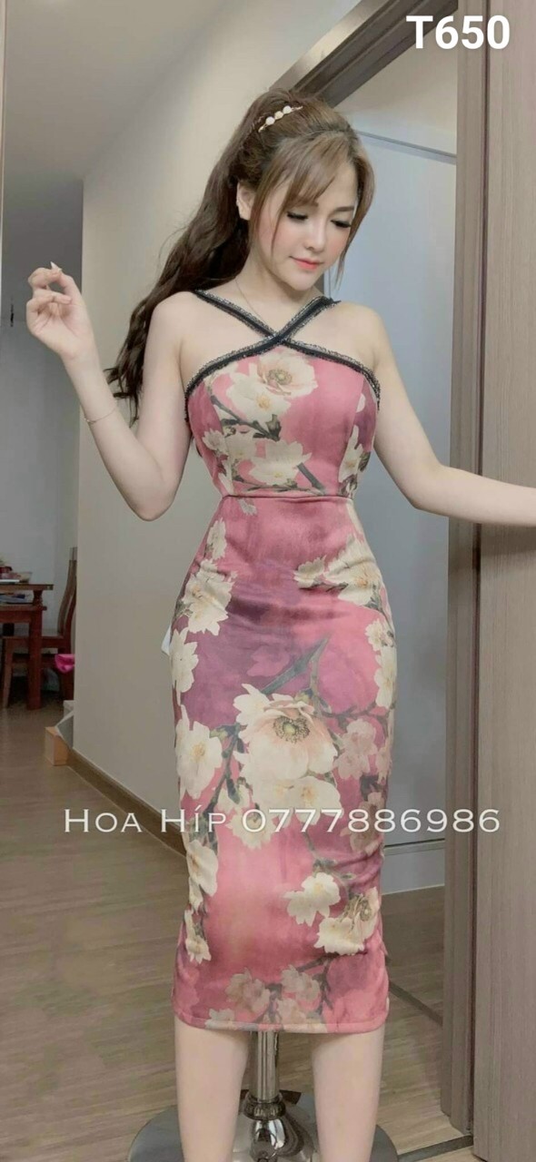 Đầm body ôm cổ chéo in lụa 3d cao cấp T650