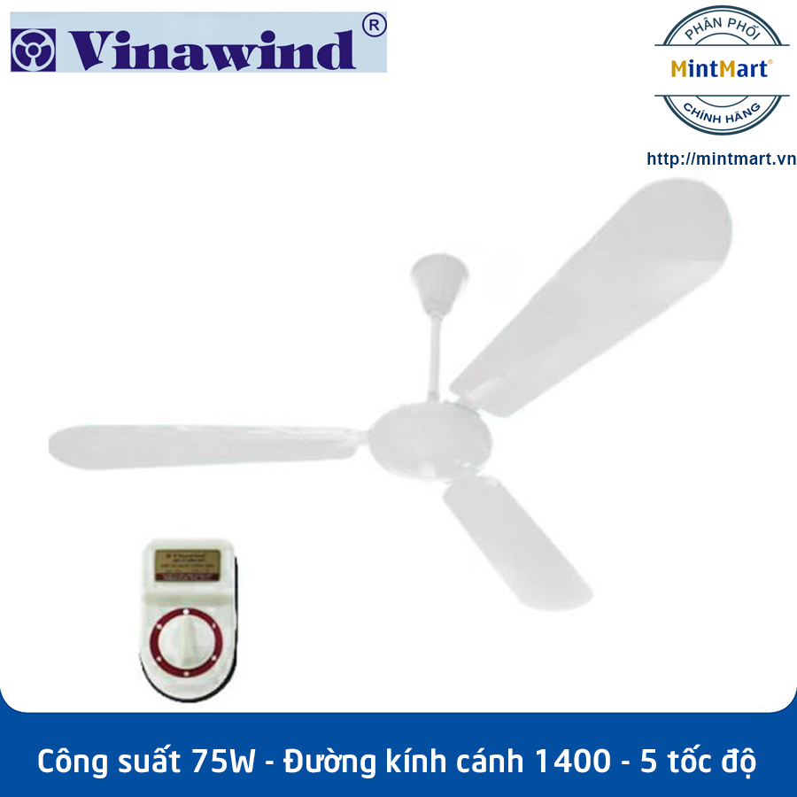 Quạt trần 3 cánh Vinawind QTT-1400N (Màu Kem) Cánh sắt - Công suất 75W - 5 cấp tốc độ