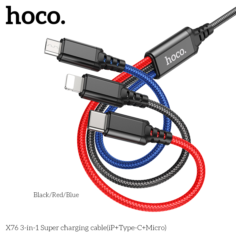 Cáp Sạc Hoco X76 3 Trong 1 2.0A Cổng IP + TypeC + Micro Dây Dài 1m