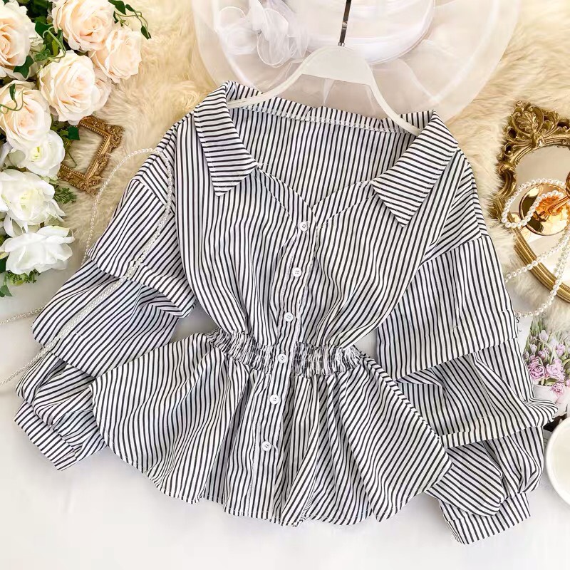 Áo sơ mi kiểu vải kate sọc bánh bèo TTSA0249
