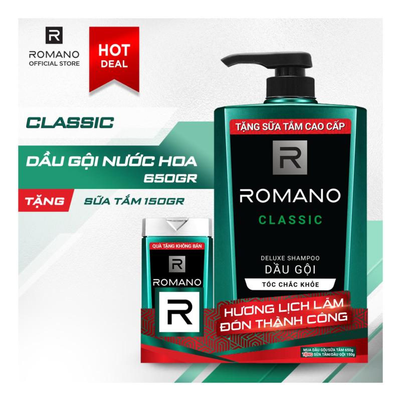 Dầu gội Romano Classic cổ điển lịch lãm tóc chắc khỏe 650gr- Tặng sữa tắm Romano Classic150g cao cấp