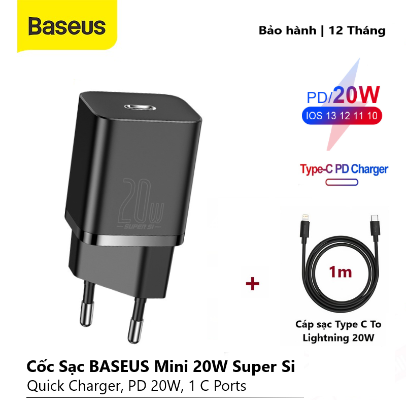 [Bộ sạc PD 20W] Cốc sạc nhanh BASEUS Super Si USB C 20W Hỗ trợ loại C PD dành cho điện thoại iPhone 12 Pro Max 11 Mini 8 Plus