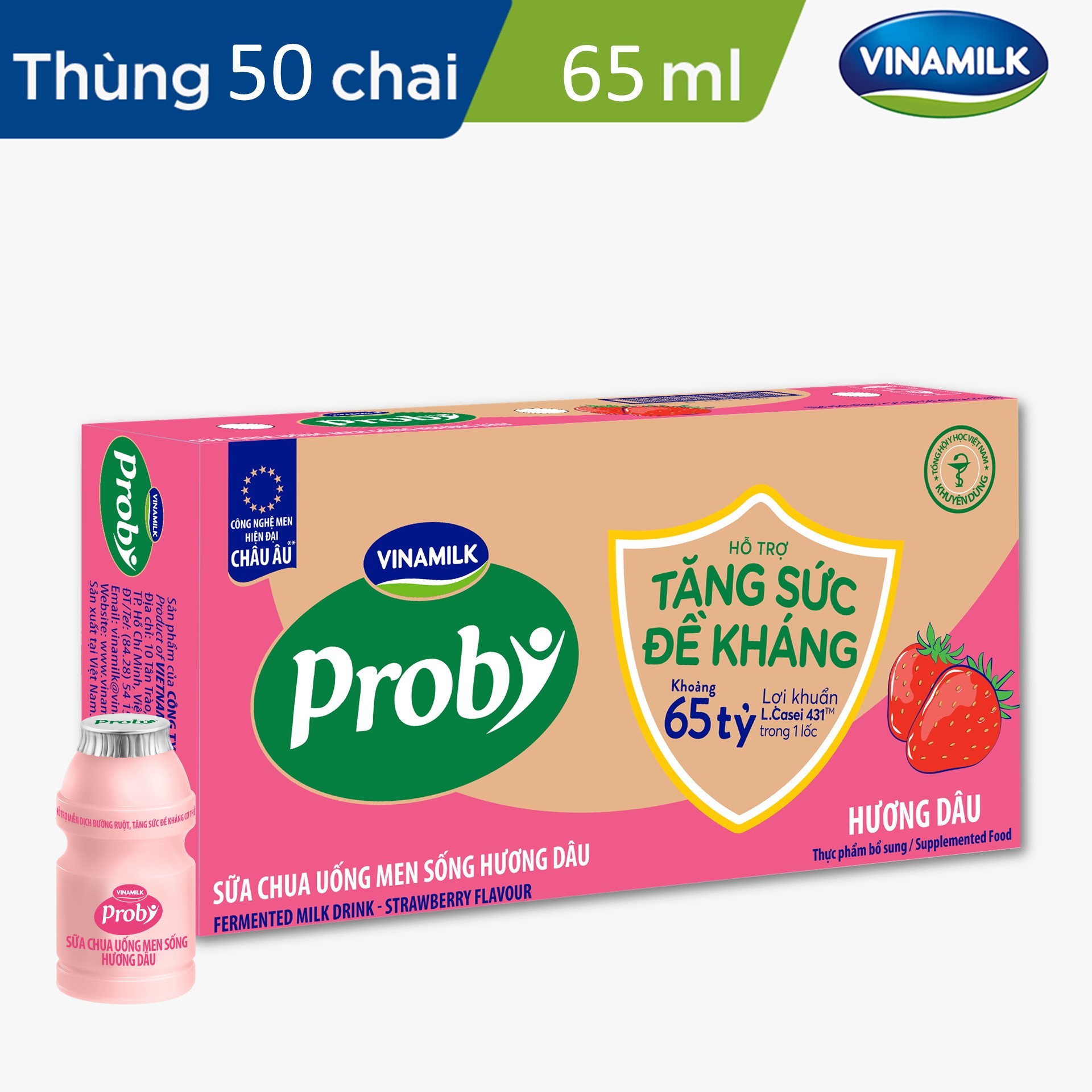 Thùng Sữa chua uống Probi Hương Dâu chai 65ml - 50 chai/Thùng Yogurt