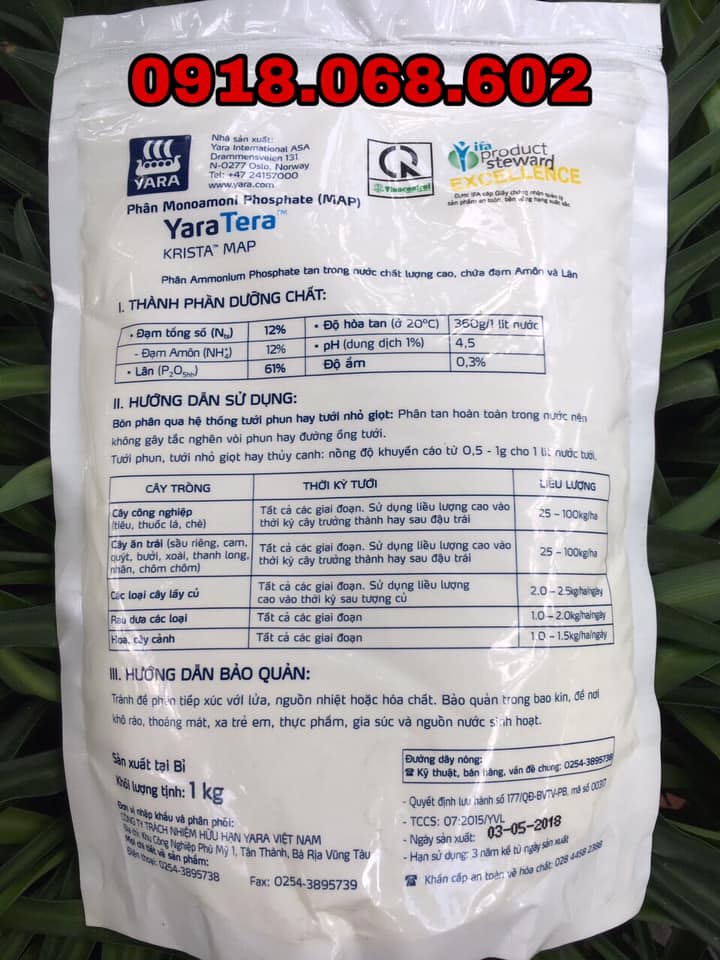Phân bón hòa tan Yara Tera Krista MAP đóng túi zip 1kg