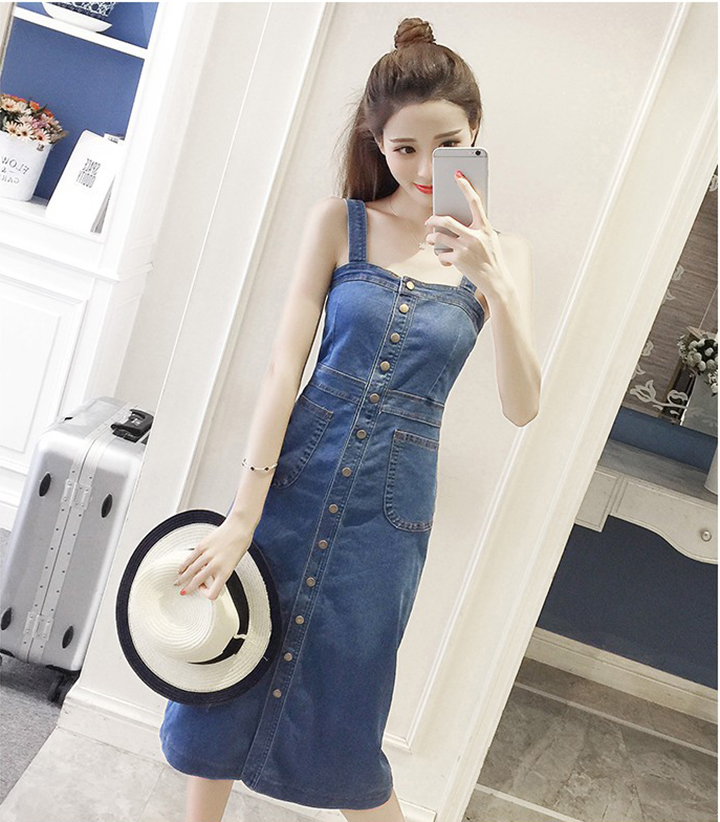 [HCM]Đầm Yếm Jean Nữ Form Dài Nút Cài Dọc