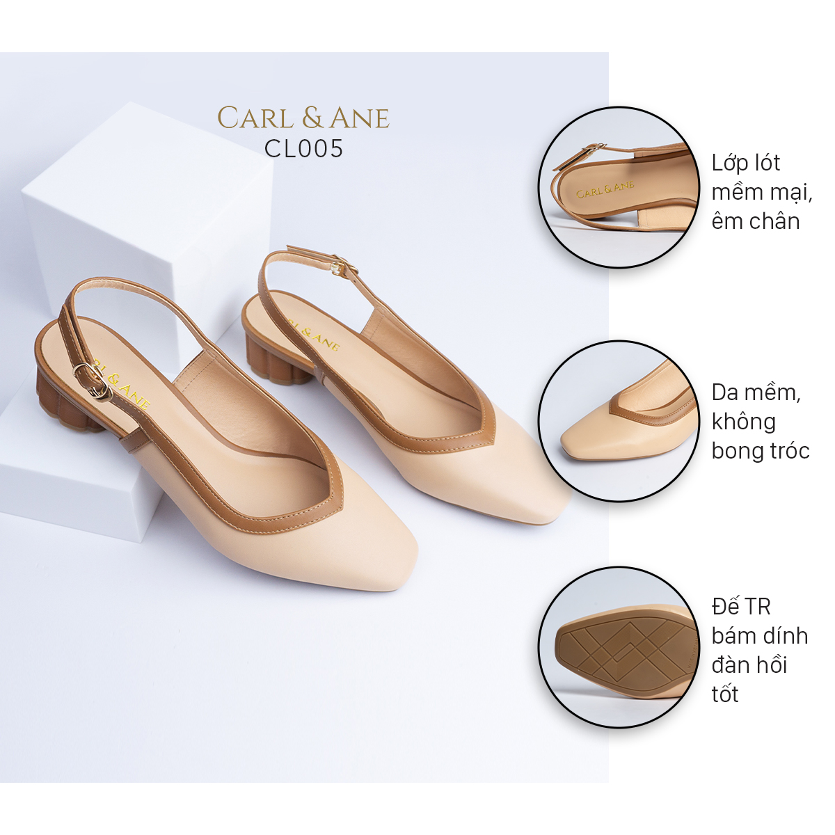 Carl & Ane - Giày cao gót thời trang mũi vuông hở gót phối dây tinh tế cao 3cm màu kem đậm - CL005
