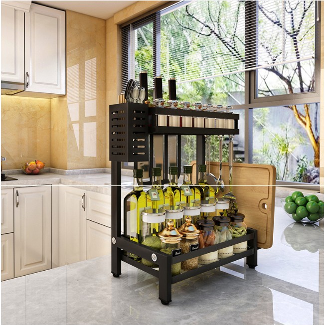 Kệ gia vị 2 tầng đa năng đựng gia vị, dao thớt, đũa thìa chất liệu thép sơn tĩnh điện-Kệ gia vị 2 tầng thép đen có chỗ để dao thớt-Kệ gia vị đa năng-Kệ gia vị 2 tầng