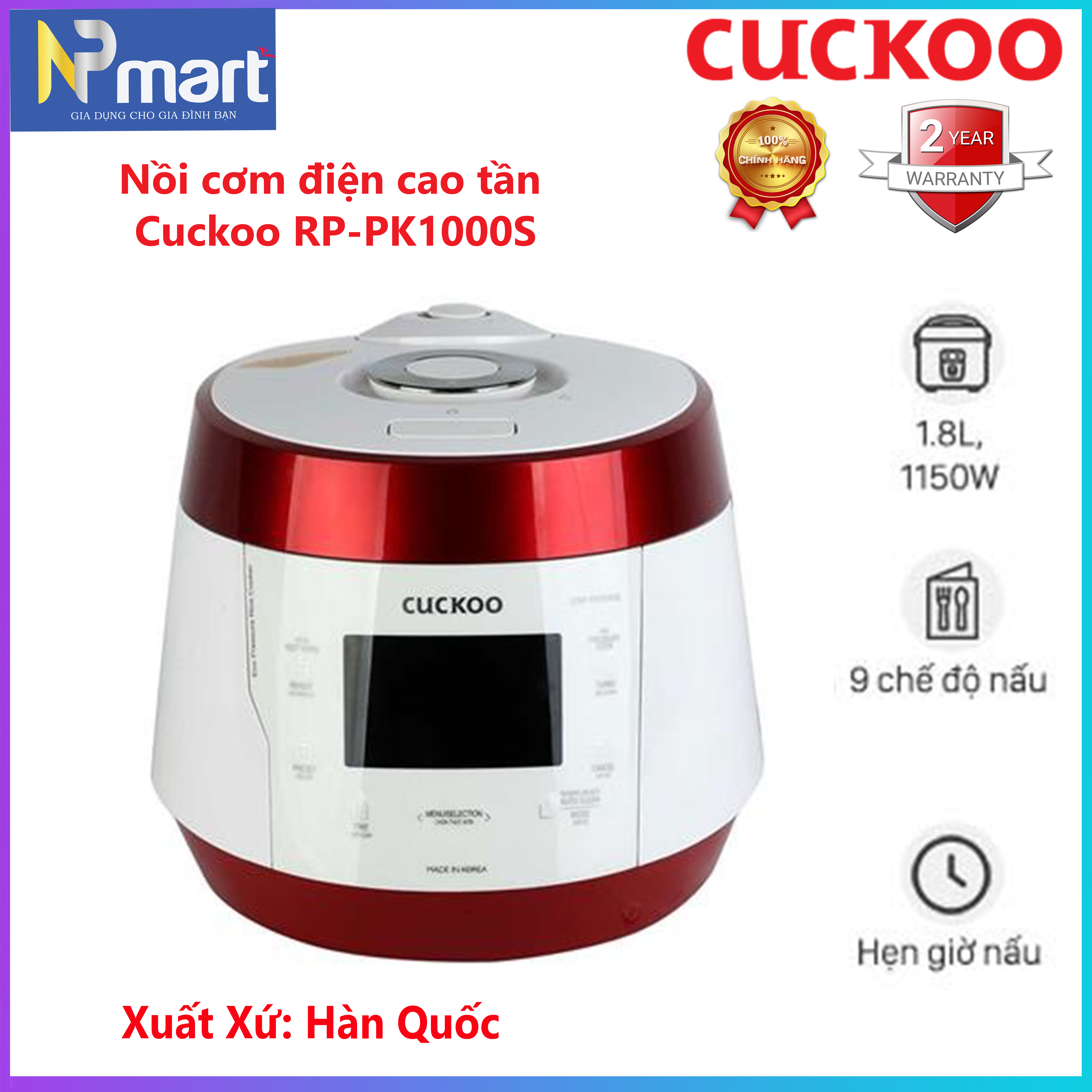 NỒI CƠM ÁP SUẤT ĐIỆN TỬ CUCKOO CRP-PK1000S DUNG TÍCH 1,8 LÍT XUẤT XỨ HÀN QUỐC MÀU TRẮNG ĐỎ