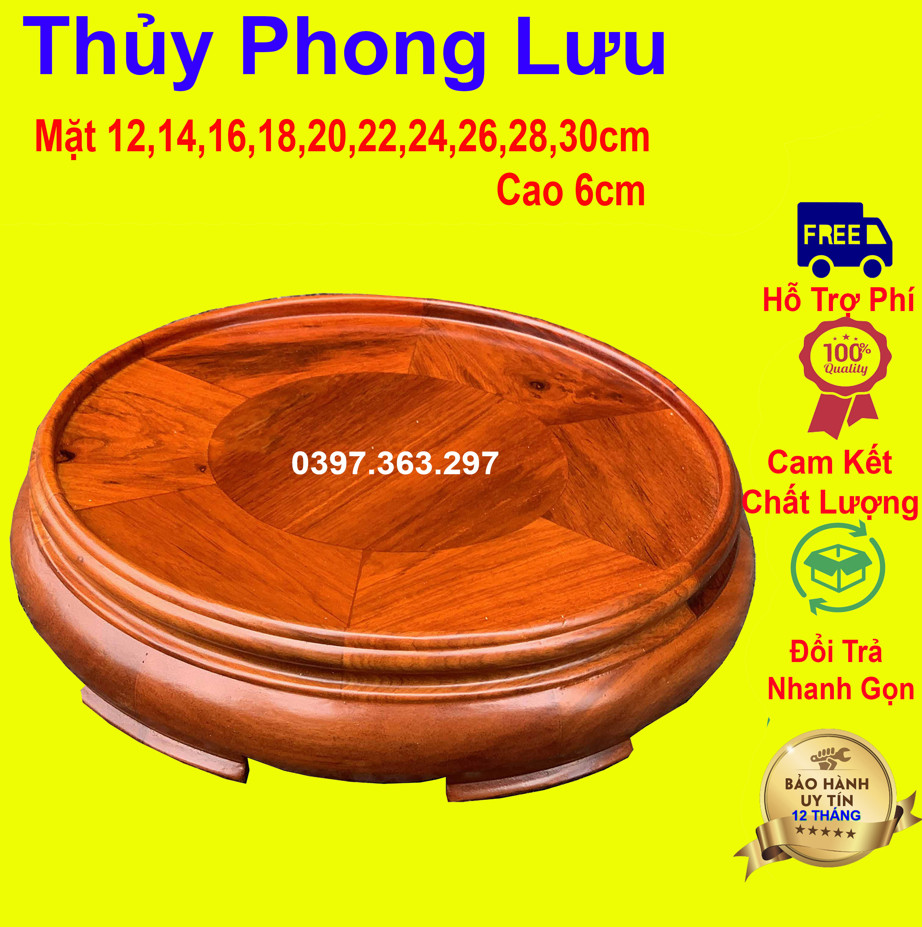 Kỷ đế tròn cao 6cm gỗ hương đôn tròn không chân kê đế bát hương mặt 12,40cm