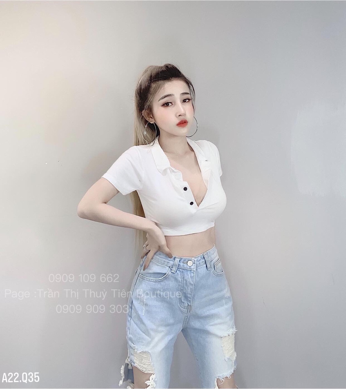 Áo thun croptop có cổ phối nút phong cách sexy TTSA0051