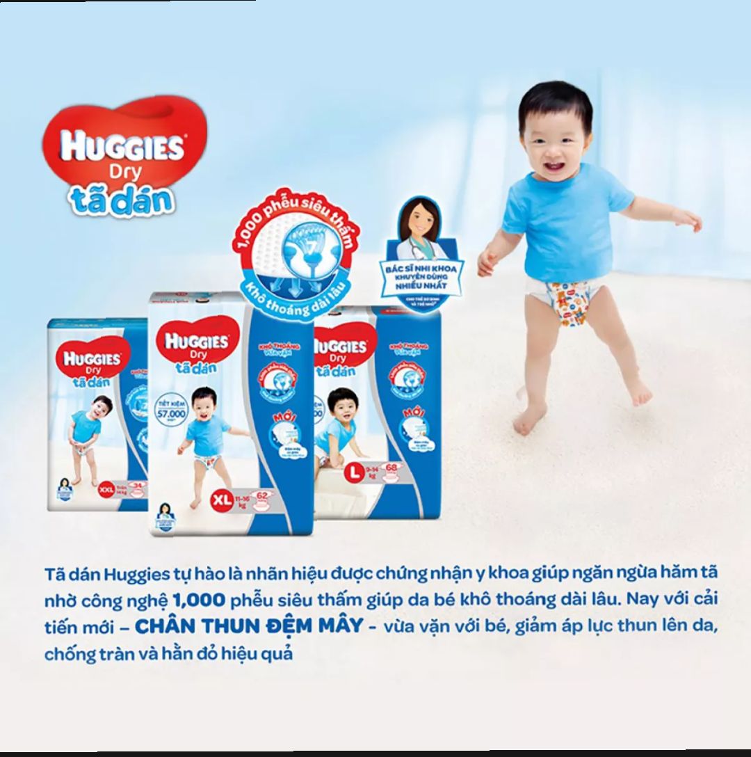 [HCM]Tã/bỉm dán Huggies dry super jumbo M76 ( đệm mây có giãn)-Gói 76 miếng