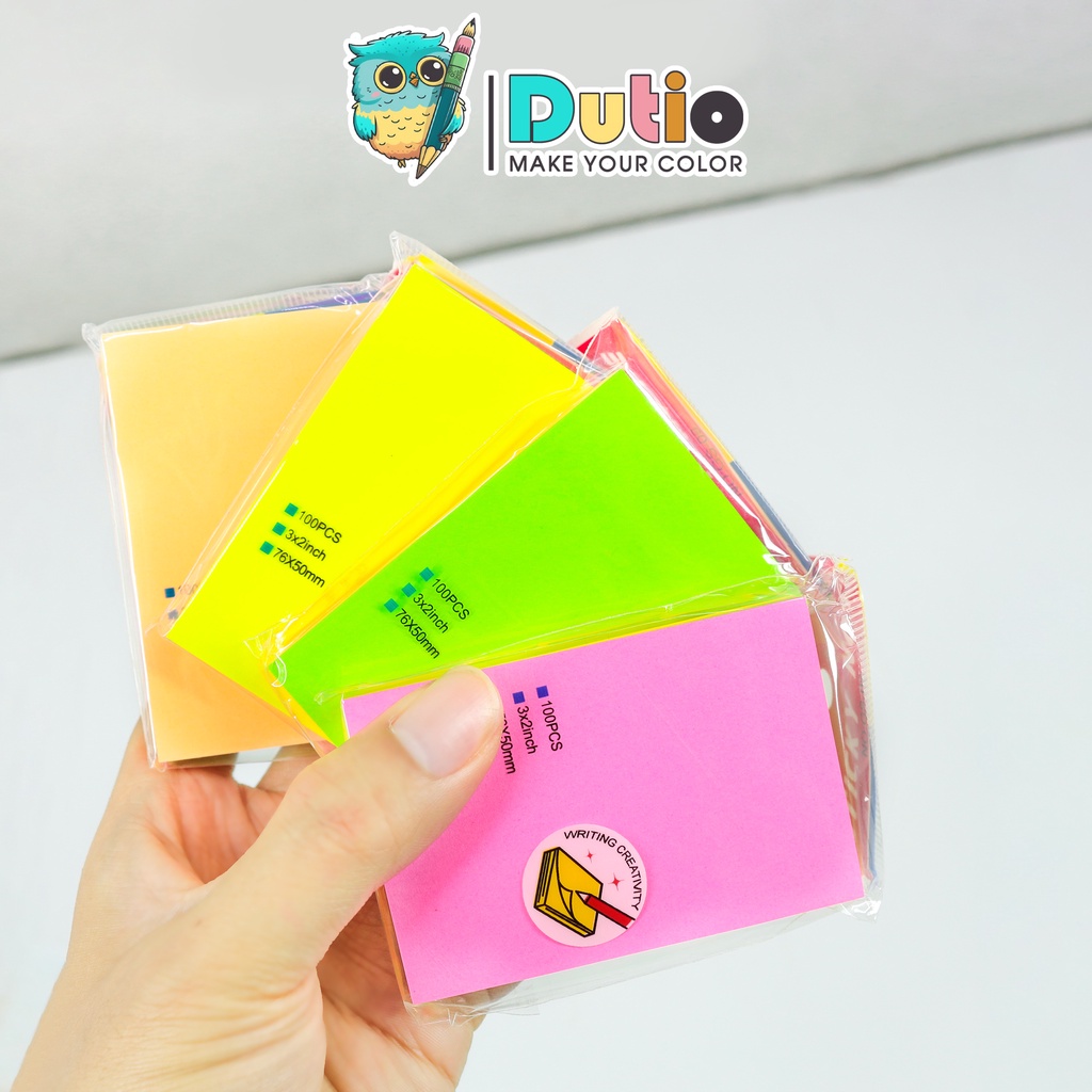 Set 100 tờ giấy ghi chú Dutio giấy note nhiều màu sắc dạ quang size 76*50mm có keo dán tiện lợi NOTE001