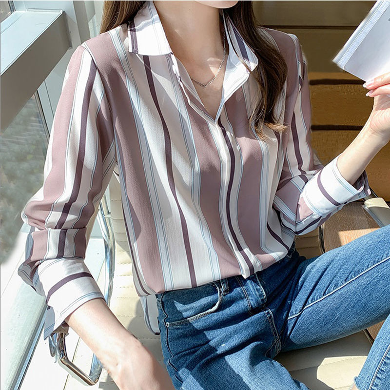 Áo sơ mi nữ dài tay kẻ sọc loang màu nâu kem thời trang PONIVALAZA