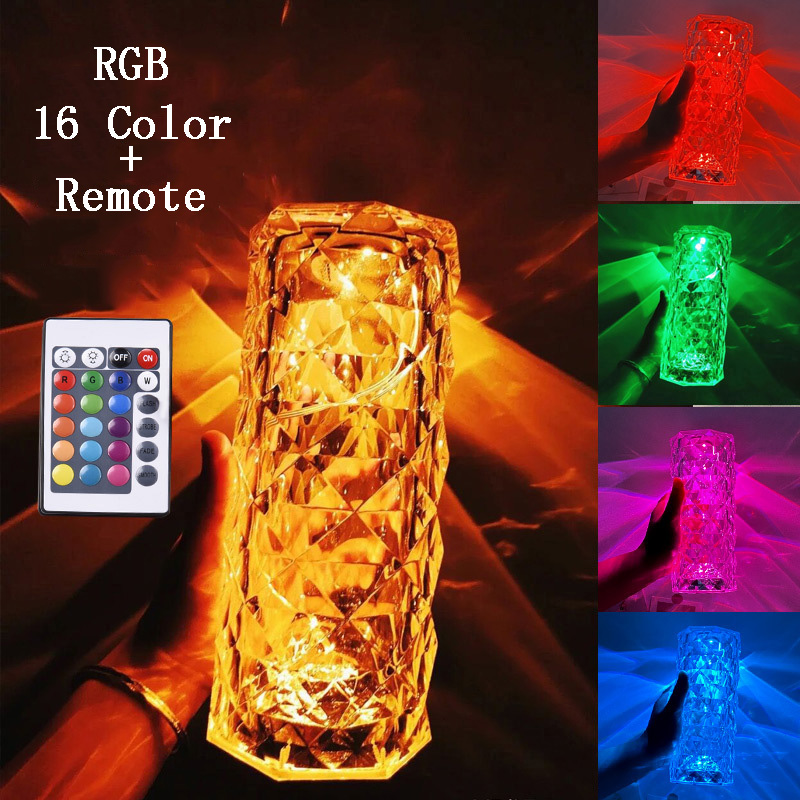 Crystal Table Lamp LED Rose Light Projector 3/16 Colors Touch Adjustable Romantic Diamond Atmosphere Light USB Touch Night Light