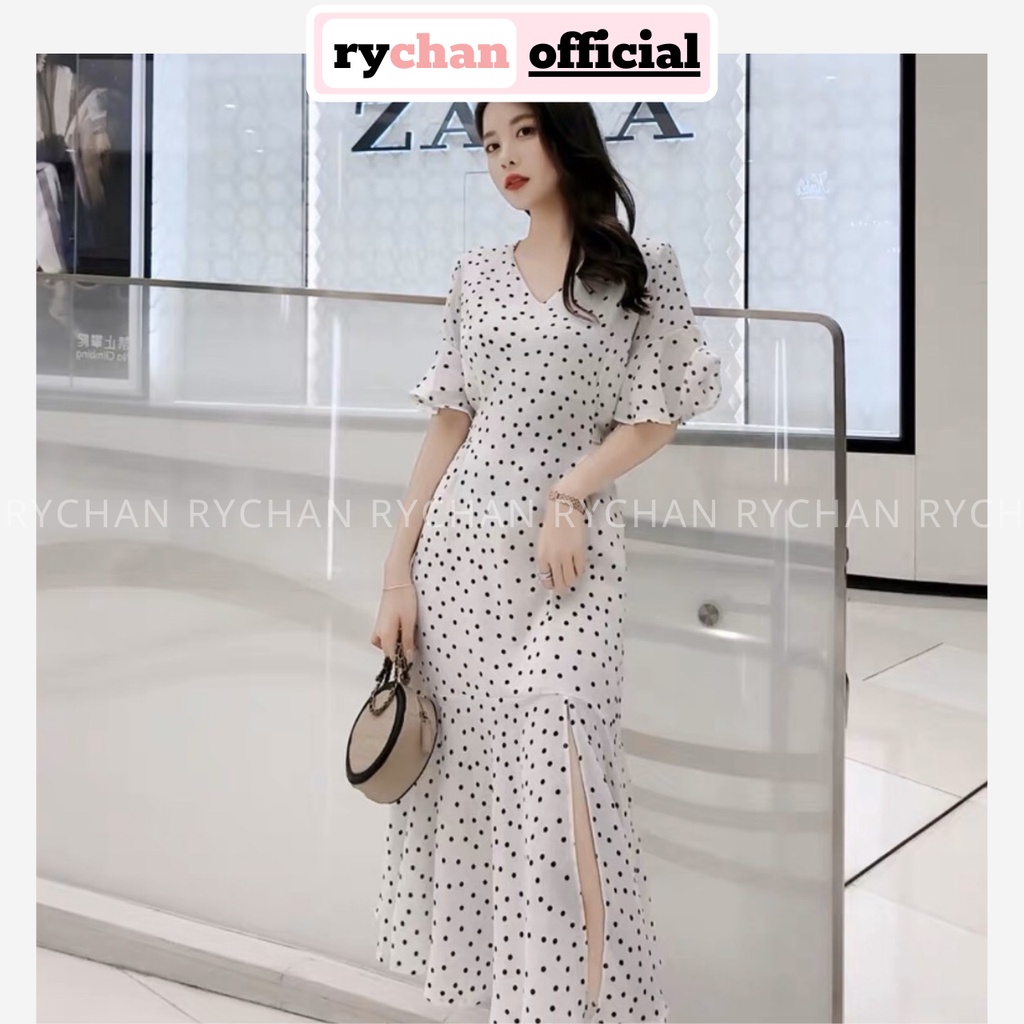 [HCM]Sleeve Maxi Dress with Dots Fishtail Flared Sleeveless Flared Tall Underline - DM013