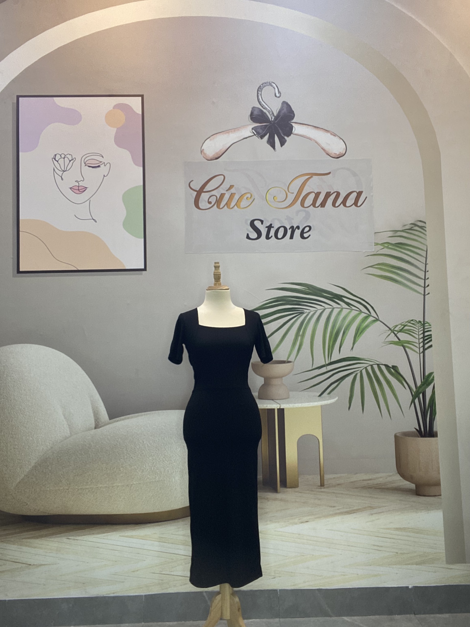Đầm thun gân trung cổ vuông ôm body_Đen