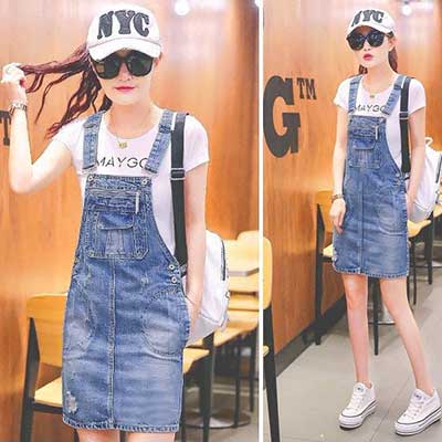 Đầm yếm jean nữ wash cào thời trang