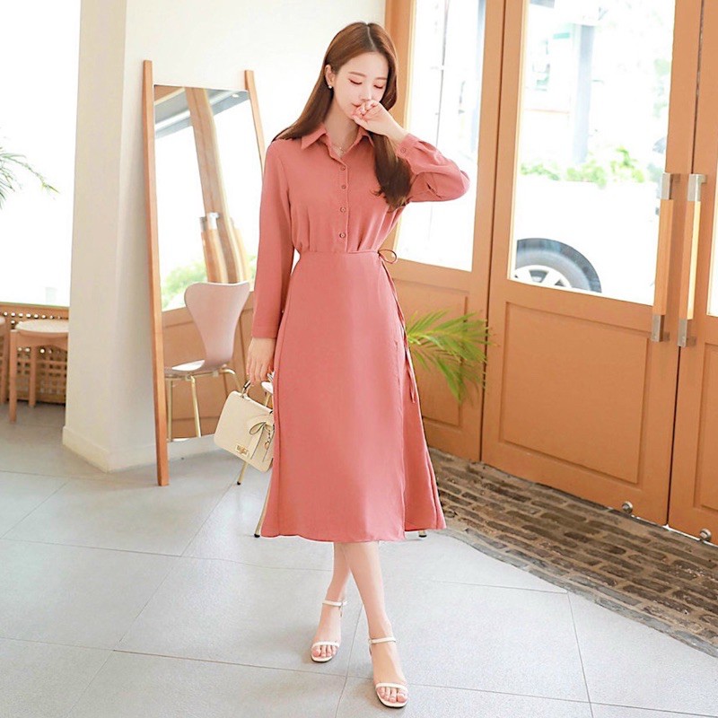 Đầm hồng ruốc đắp tà form dài