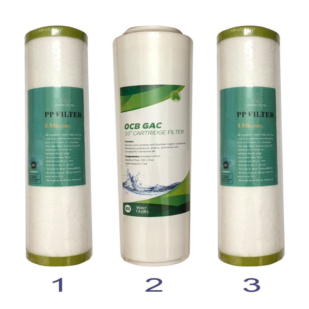 Bộ lõi 1,2,3 dùng cho các máy lọc nước RO 10lit (PP5M+OCB+PP1M)