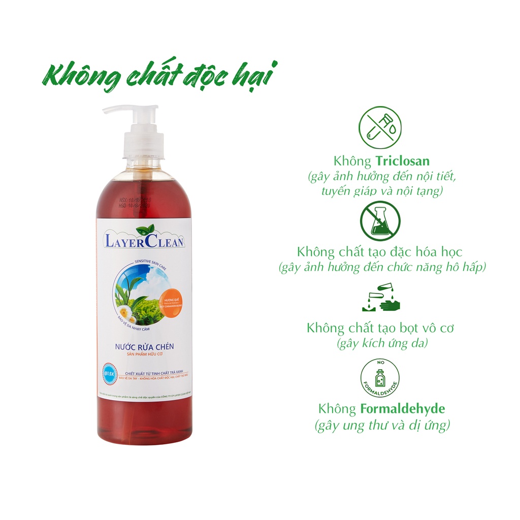 [RẺ VÔ ĐỊCH] Nước rửa chén bát hữu cơ Layer Clean chai 800ml hương Quế