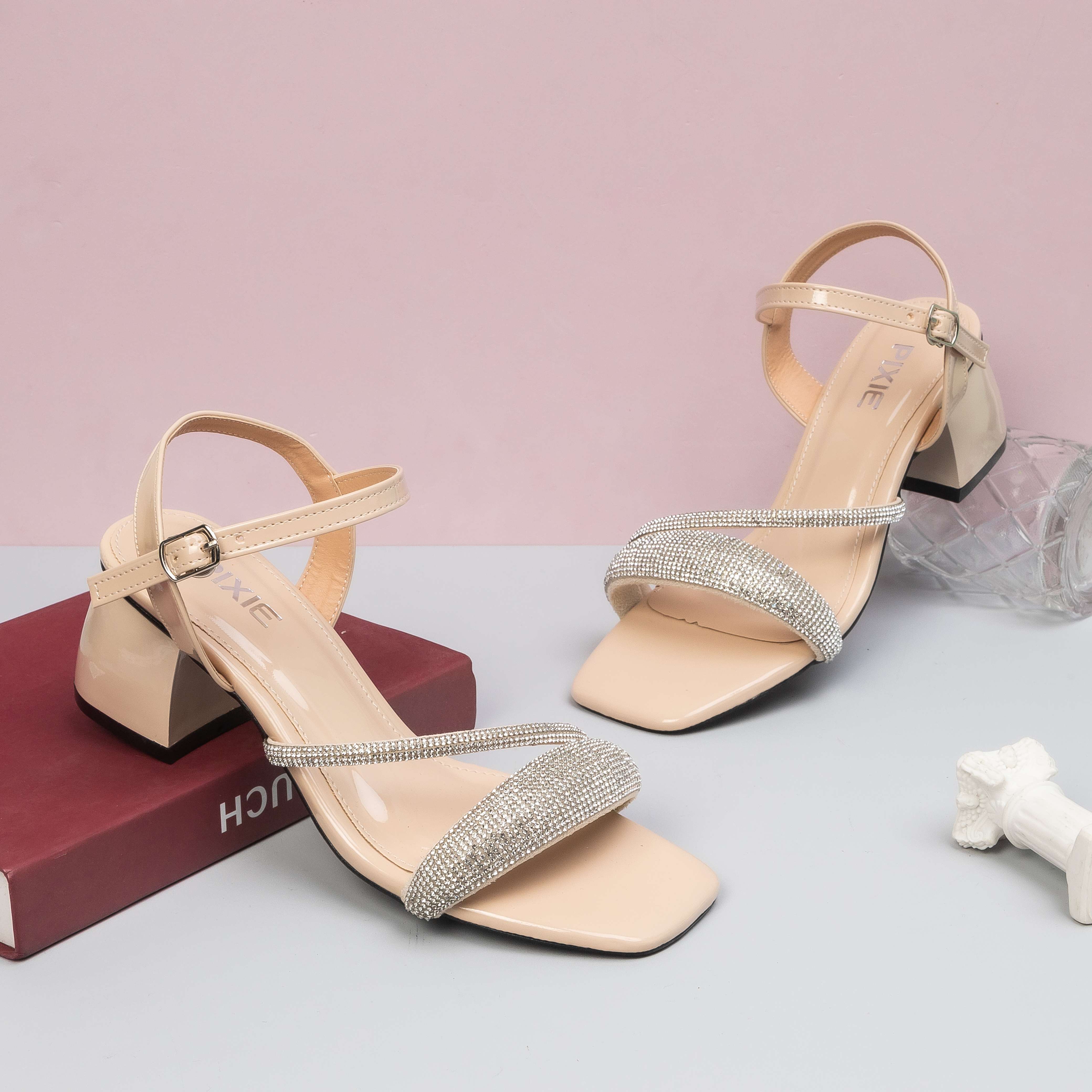 Giày Sandal Cao Gót 5cm Quai Đính Đá Pixie E252