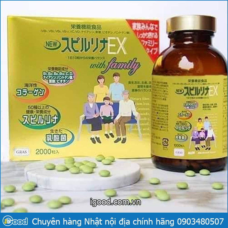 Tảo vàng Spirulina EX Nhật Bản (1 set 2 lọ, mỗi lọ 1000 viên)