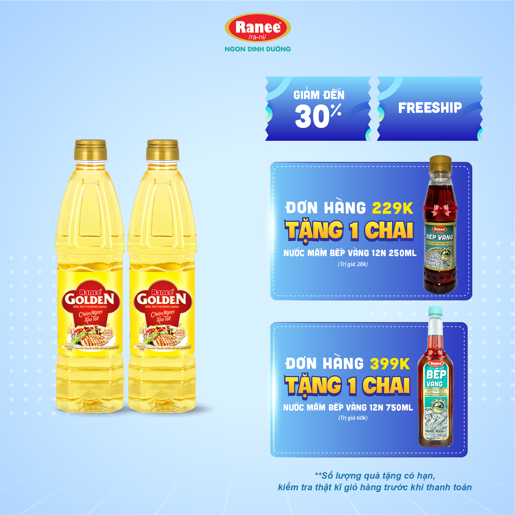 {Đơn 199k tặng hộp chai nước mắm -399k tặng vá gỗ} Combo 2 chai dầu ăn Ranee Golden 1 lít (1 lít/chai x 2 chai)