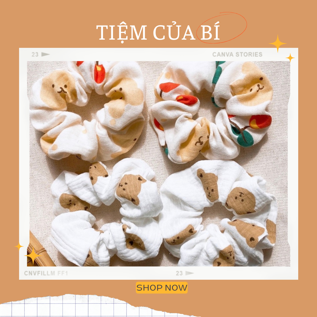 Scrunchies cột tóc, buộc tóc tiểu thư hình gấu màu be dễ thương