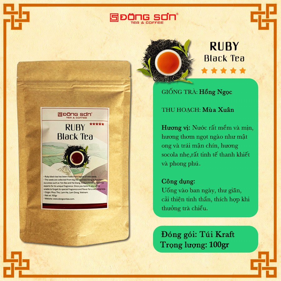 5-Star Ruby Black Tea - 100g Pack - Ruby Red Juice, Soft and Smooth, Sweet Plum Scent - Dong Son