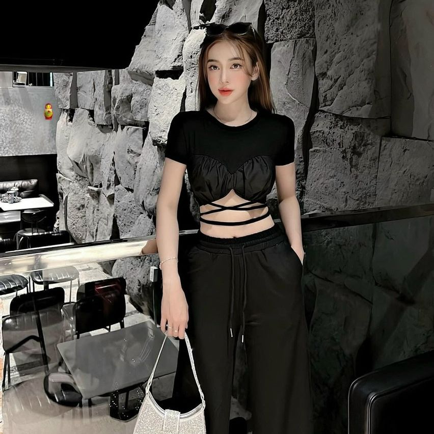 Áo kiểu phối phi bóng tay ngắn croptop cột dây quấn eo cực hot