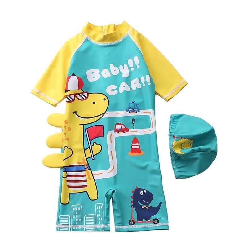 (Có sẵn, kèm mũ) Set đồ bơi bé trai kèm mũ khủng long vàng