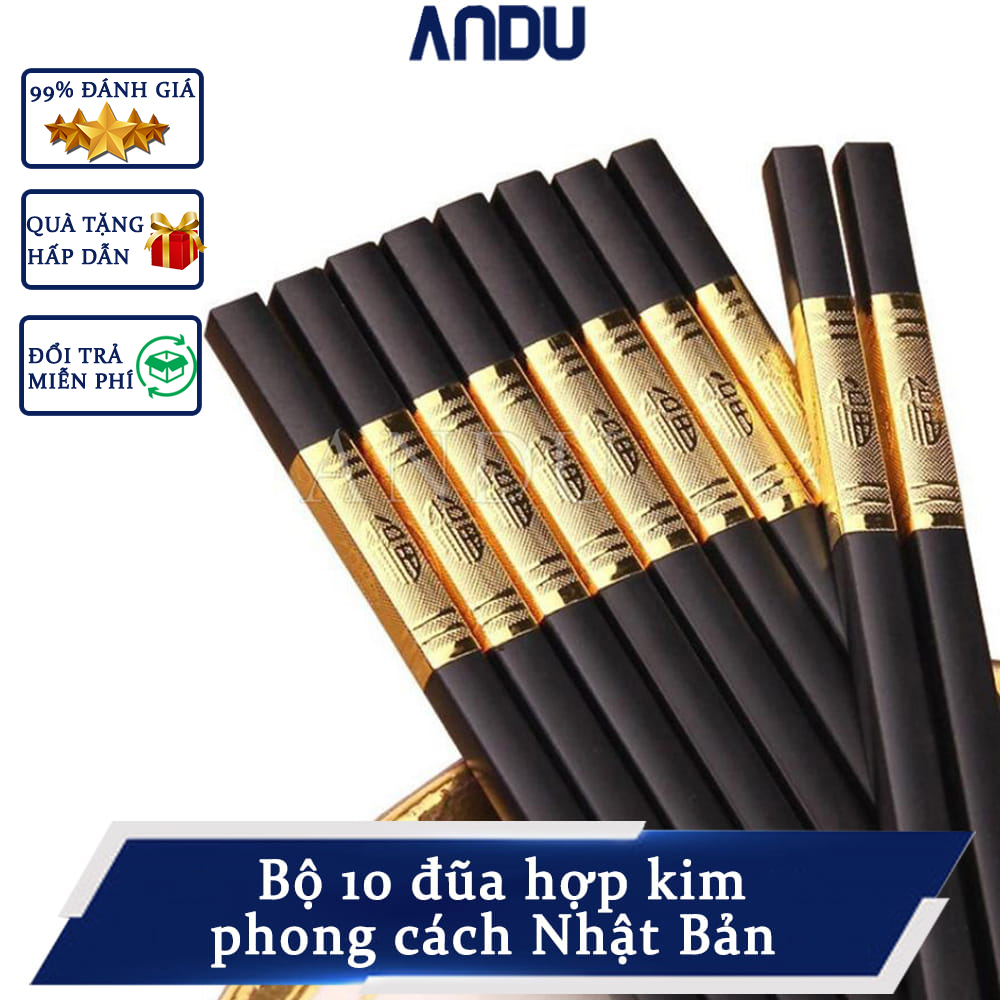 Bộ 10 đôi đũa cơm mạ vàng, đũa hợp kim chống mốc đũa ăn cơm kháng khuẩn hàn quốc