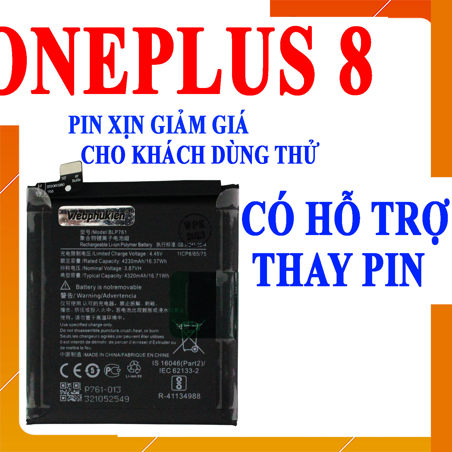 Pin scud cho oneplus 8/one plus 8/1+8 mã blp761 dung lượng 4300mah