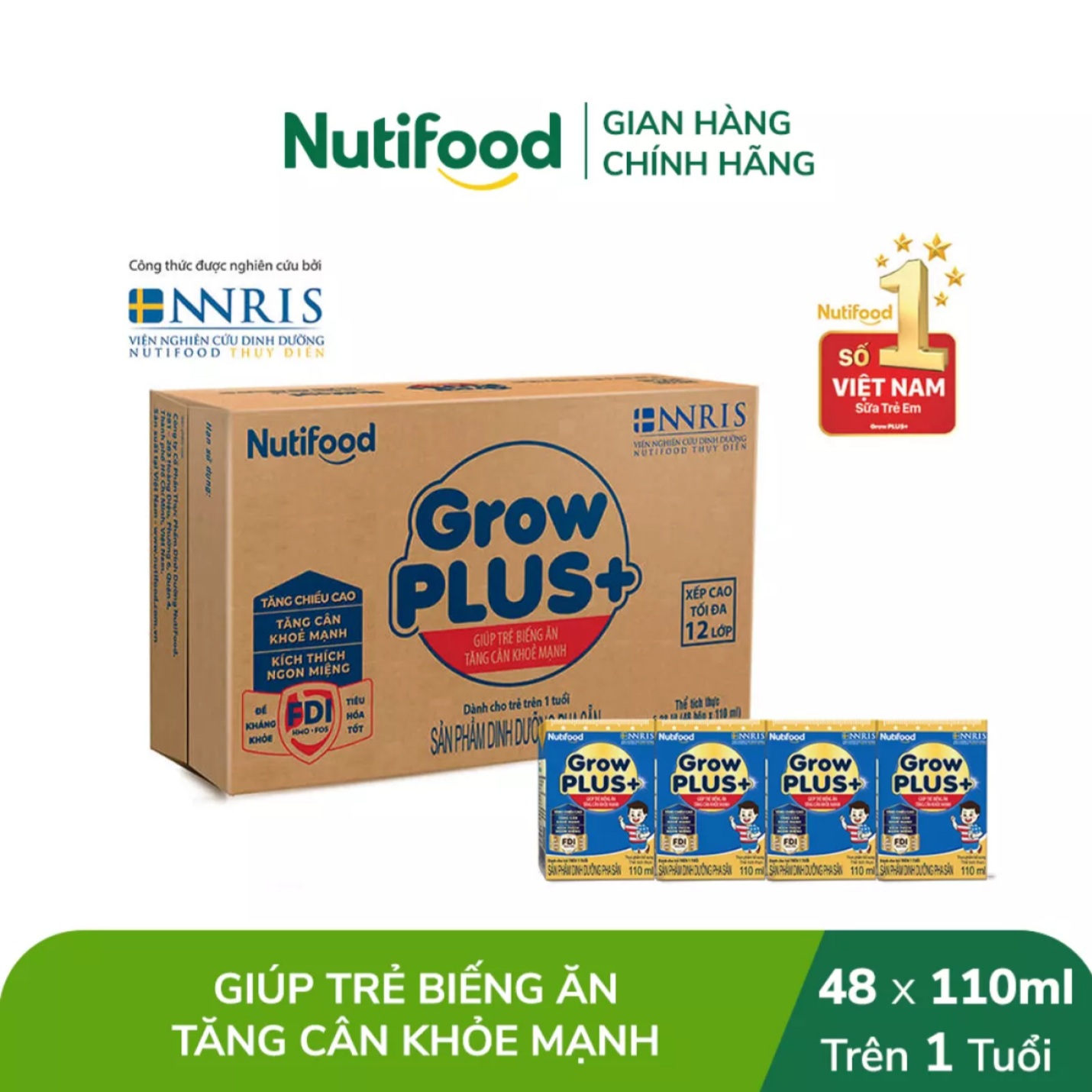 Thùng 48 Hộp Sữa Bột Pha Sẵn NutiFood Grow Plus 1+ {Xanh} 110ml.