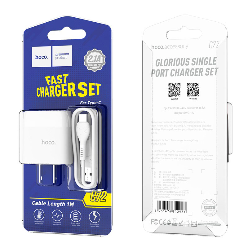 Bộ sạc cáp Hoco C72 cổng USB 2.1A đầu Lightning, Micro, Type-C dây dài 1m