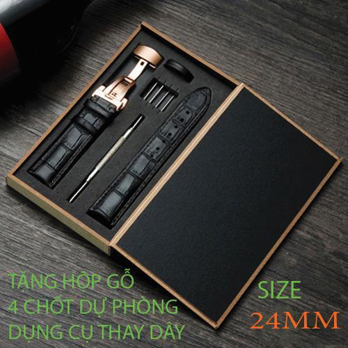 Dây đồng hồ da bò cao cấp tặng Hộp Gỗ SIZE 24mm kèm khóa bướm thép không gỉ 316L