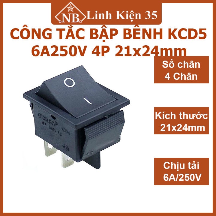 Công tắc bập bênh kcd5 6a/250v 4pin 2 chế độ on-off, kích thước 21x24mm