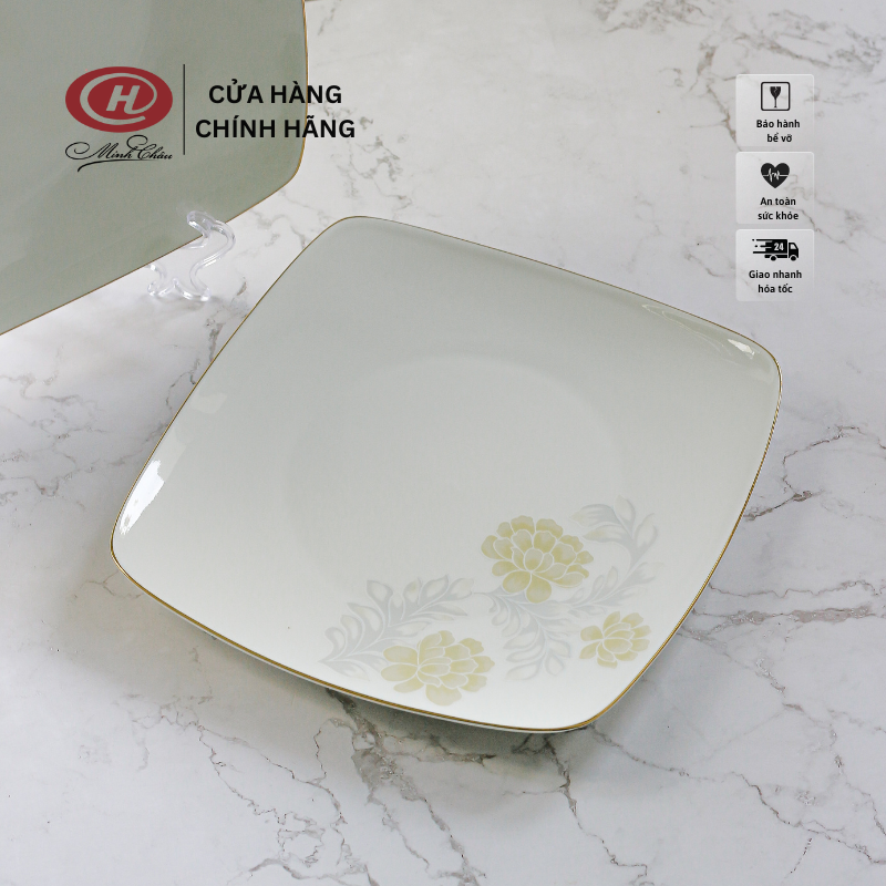 Đĩa hoa kẻ vàng sứ xương cao cấp - sứ minh châu