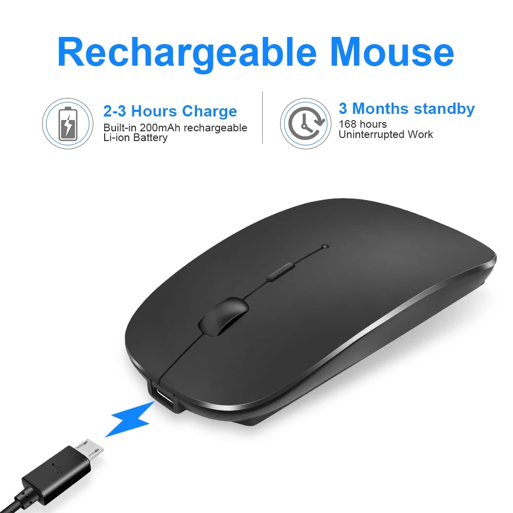 Super Slim 2.4G Wireless Silent Bluetooth Mouse 1600 DPI Optical Wireless Computer Mute Mice USB Receiver For PC Laptop Notebook（black)