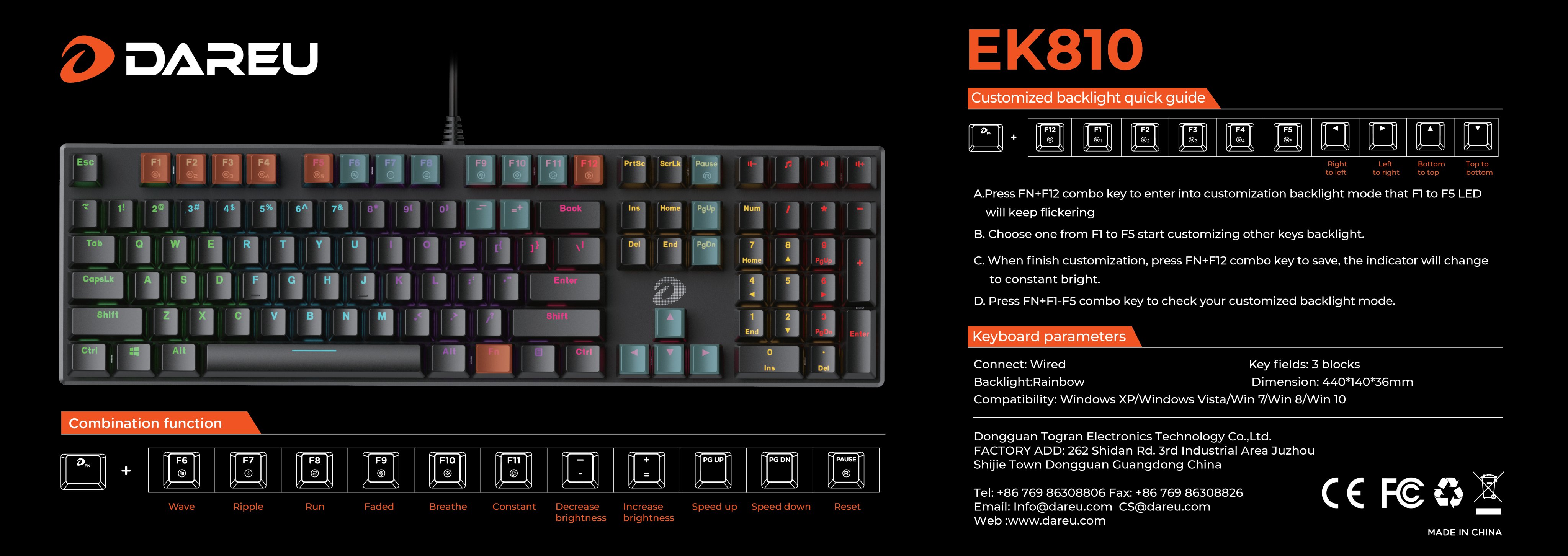 Bàn phím cơ Gaming DAREU EK810 Đen Black (MULTI-LED, Blue/ Brown/ Red D switch)