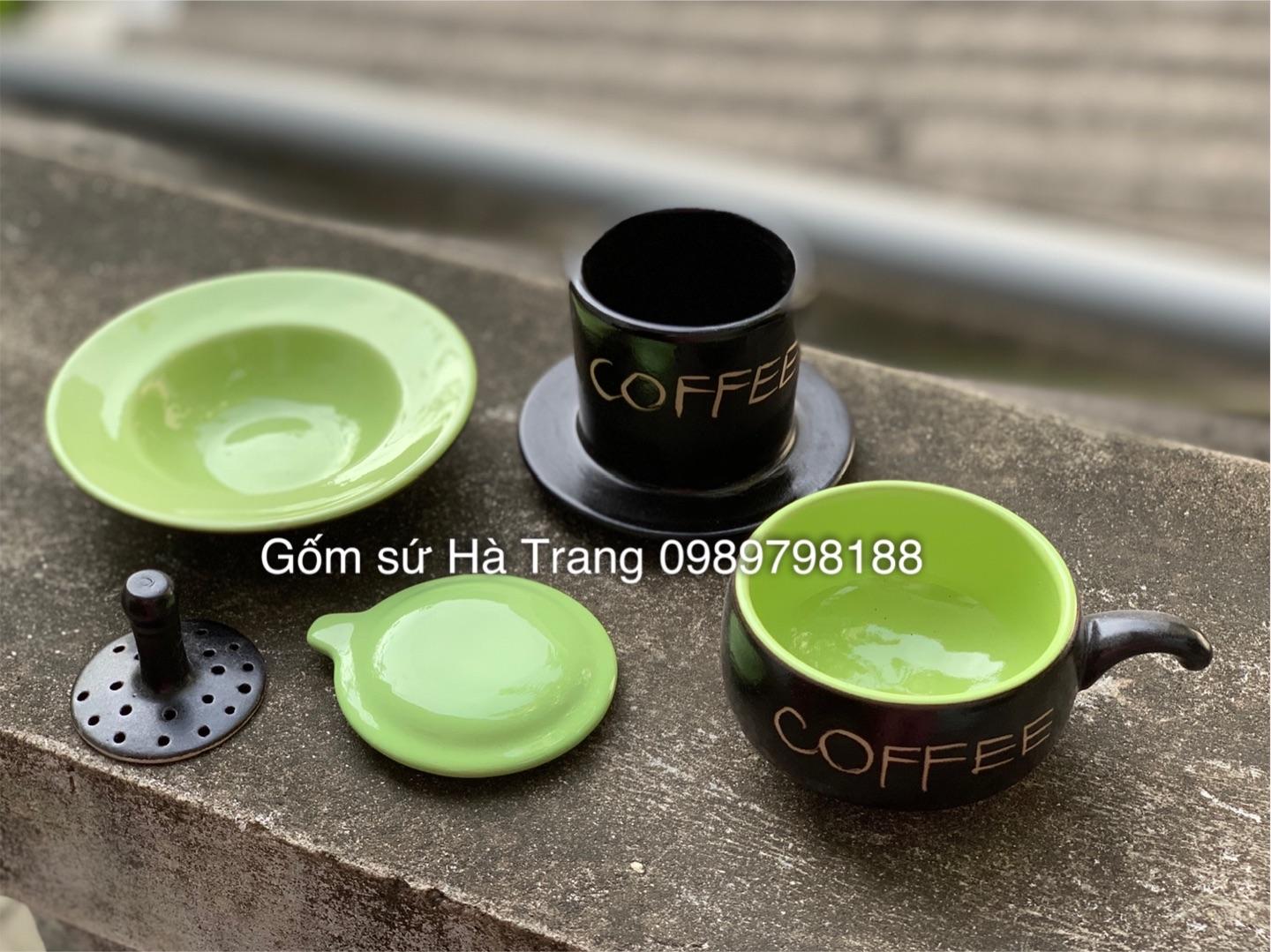 Phin pha cafe gốm sứ Bát Tràng cao cấp men đen khắc chữ COFFEE