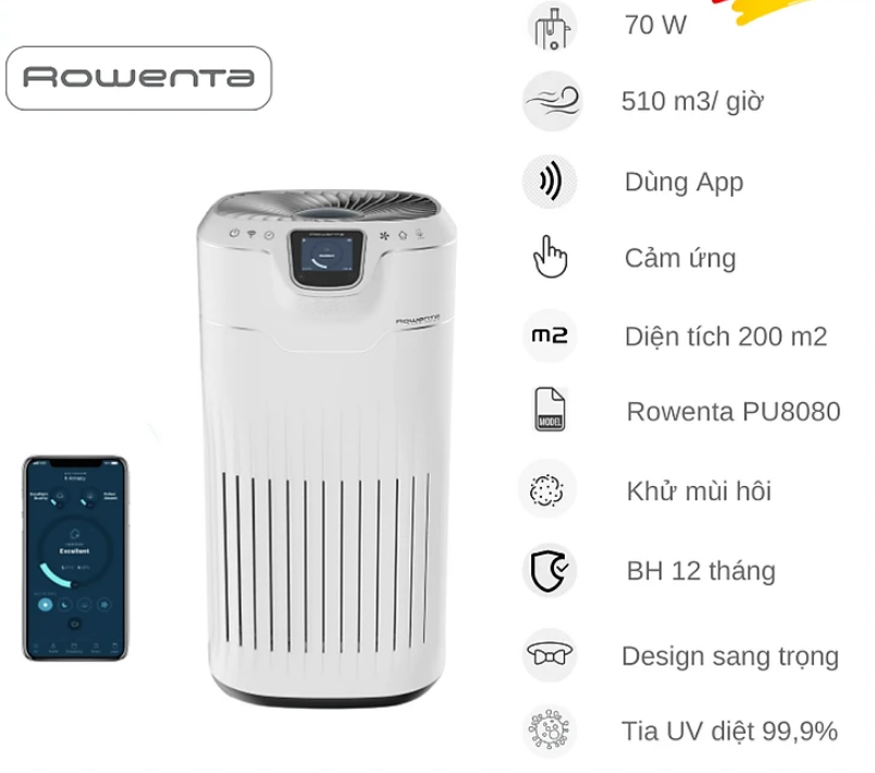 Máy Lọc Không Khí ROWENTA PURE HOME PU8080 ROWENTA Air Purifier Máy Lọc  Không Khí Gia Đình Cho Phòng 200m2 Bộ Lọc Nano Loại Bỏ 100% Bụi Mịn Vi  Khuẩn Nhập Đức