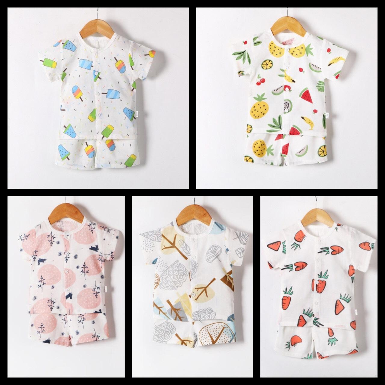 Set 5 bộ cotton cài cúc giữa in hình ( KÈM QUÀ TẶNG )