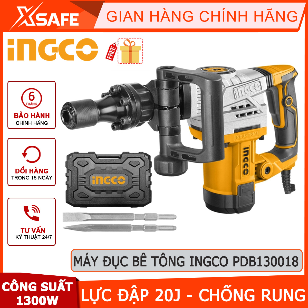 Ingco pdb130018 1300W concrete chisel 20J impact resistant system with 1 sharp chisel and chisel-Original
