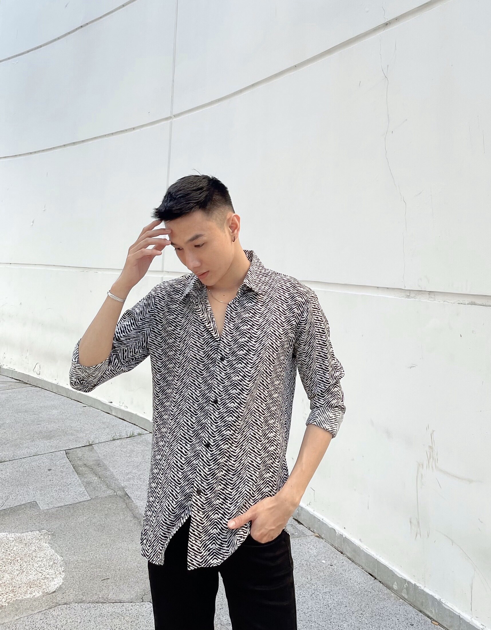 áo sơ mi lụa nam dài tay họa tiết form rộng S5